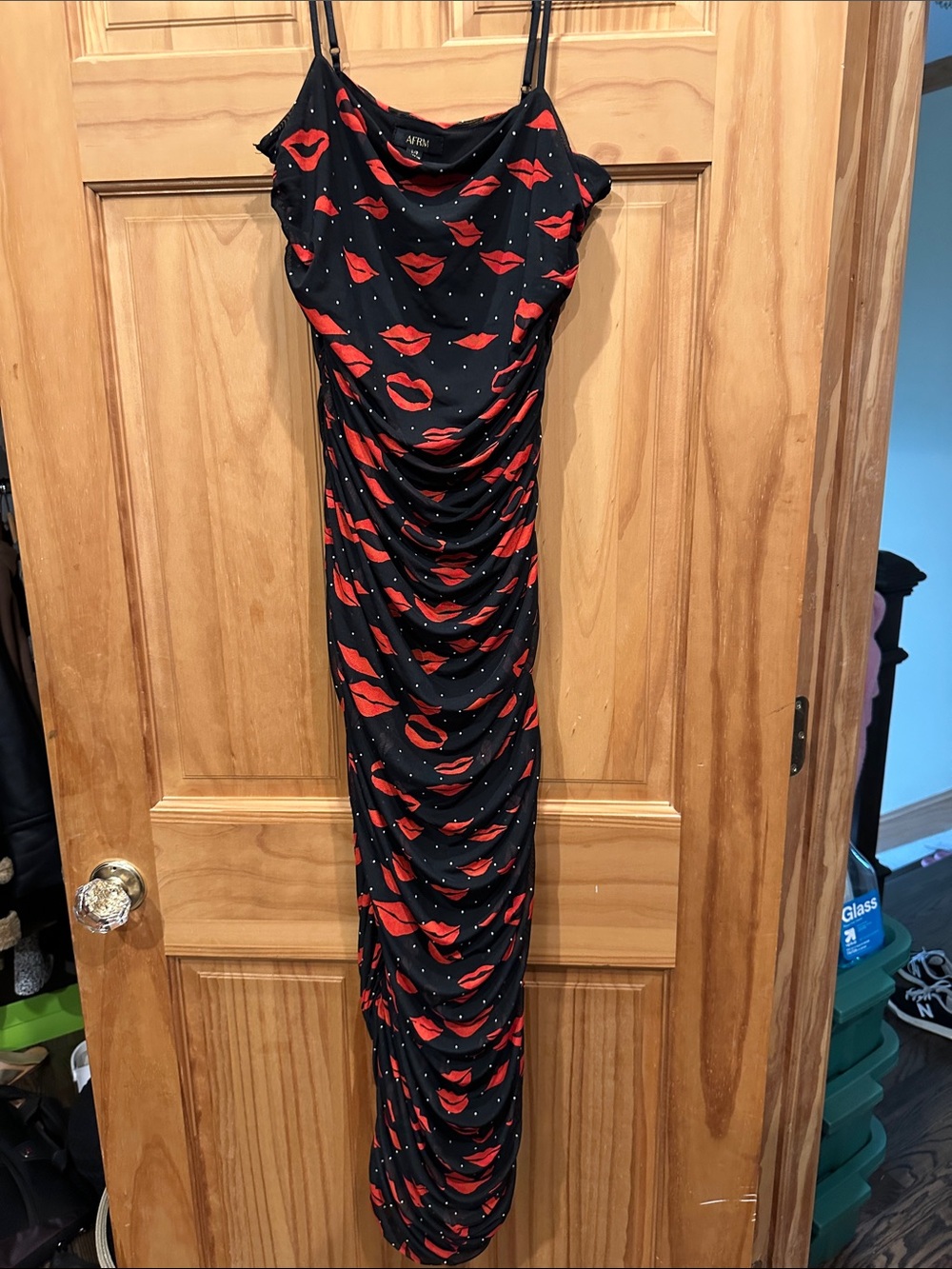 AFRM Black Maxi Dress with Red Lip Print